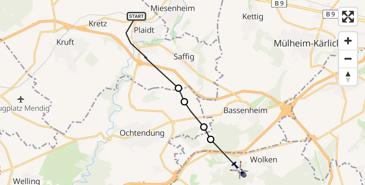 Flugroute Polizeihubschrauber Plaidt - Kobern-Gondorf, 22 Mai 2026, 10:06