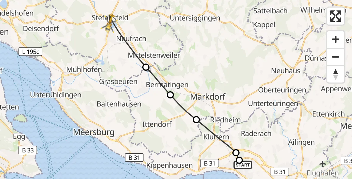 Flugroute Rettungshubschrauber Friedrichshafen Hospital - Salem, 22 Mai 2026, 10:09