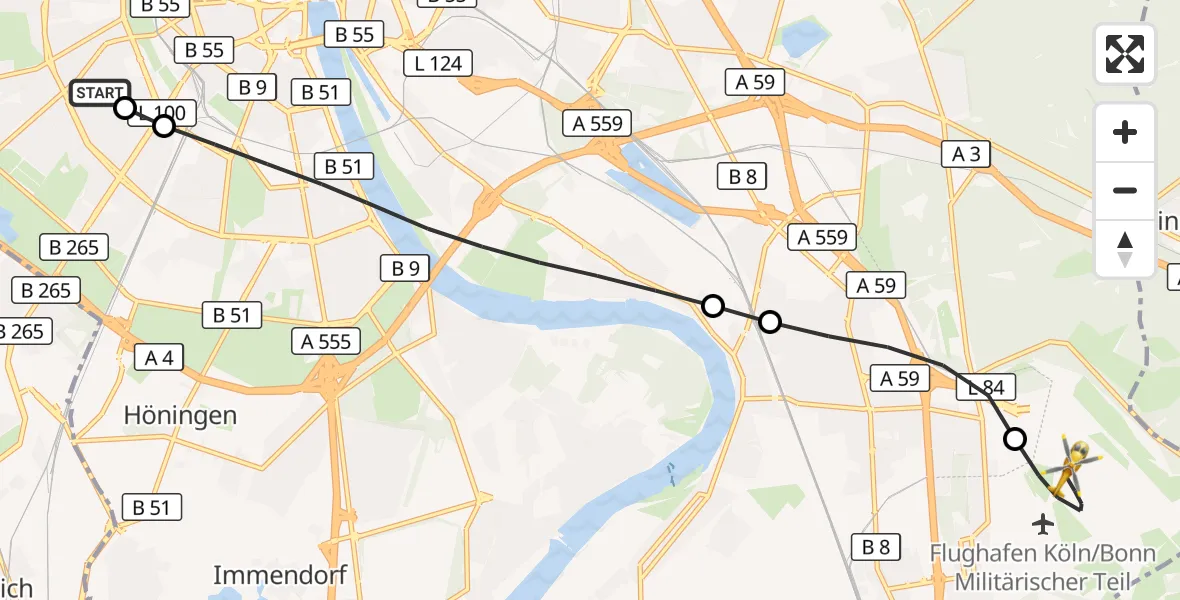 Flugroute Rettungshubschrauber Köln University Hospital - Köln Bonn Flughafen, 22 Mai 2026, 10:12