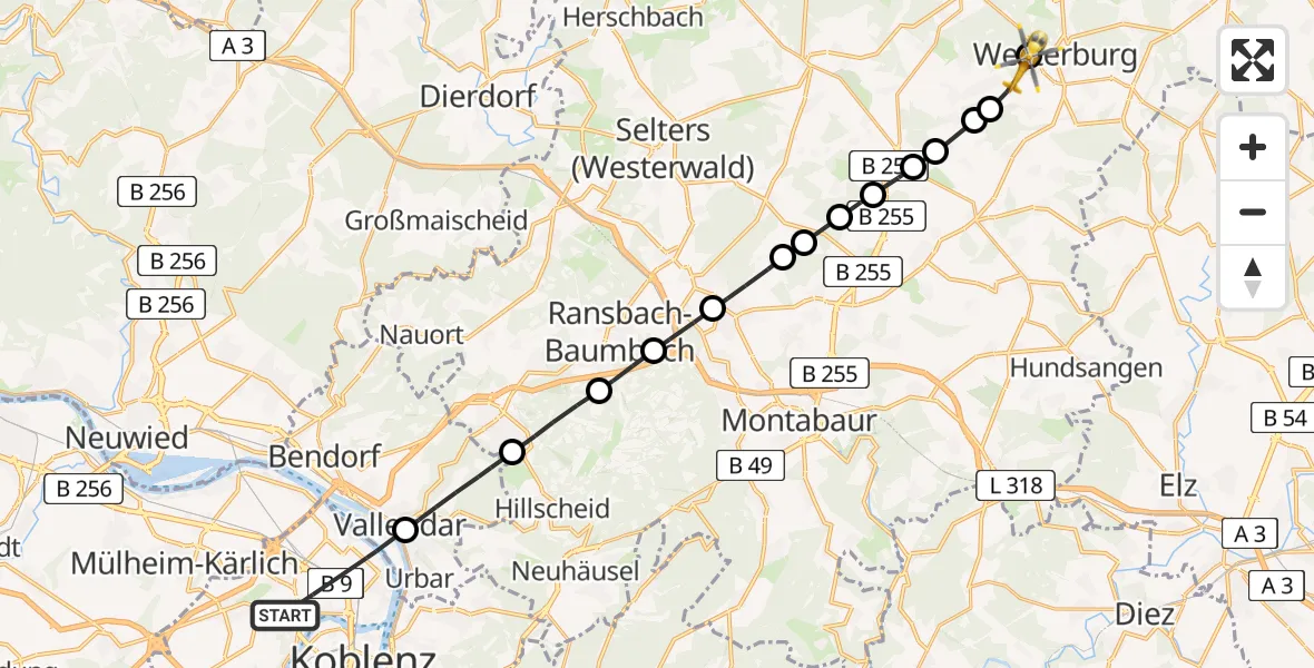 Flugroute Rettungshubschrauber Koblenz - Westerburg, 22 Mai 2026, 10:18