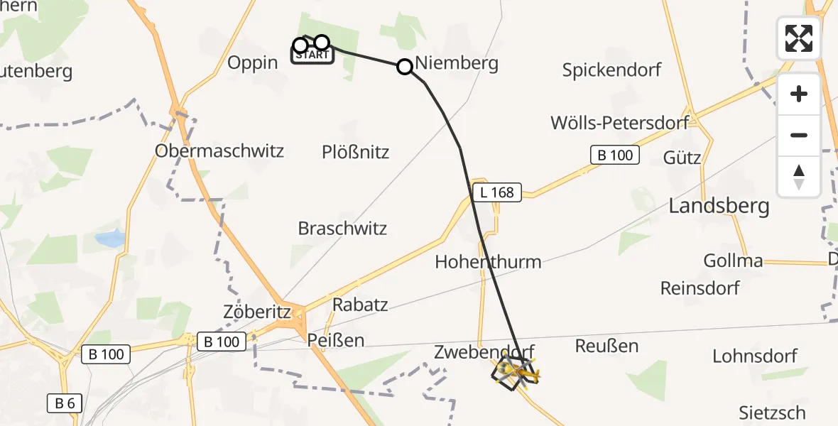 Flugroute Ambulanzhubschrauber Halle-Oppin Flugplatz - Landsberg, 22 Mai 2026, 10:19
