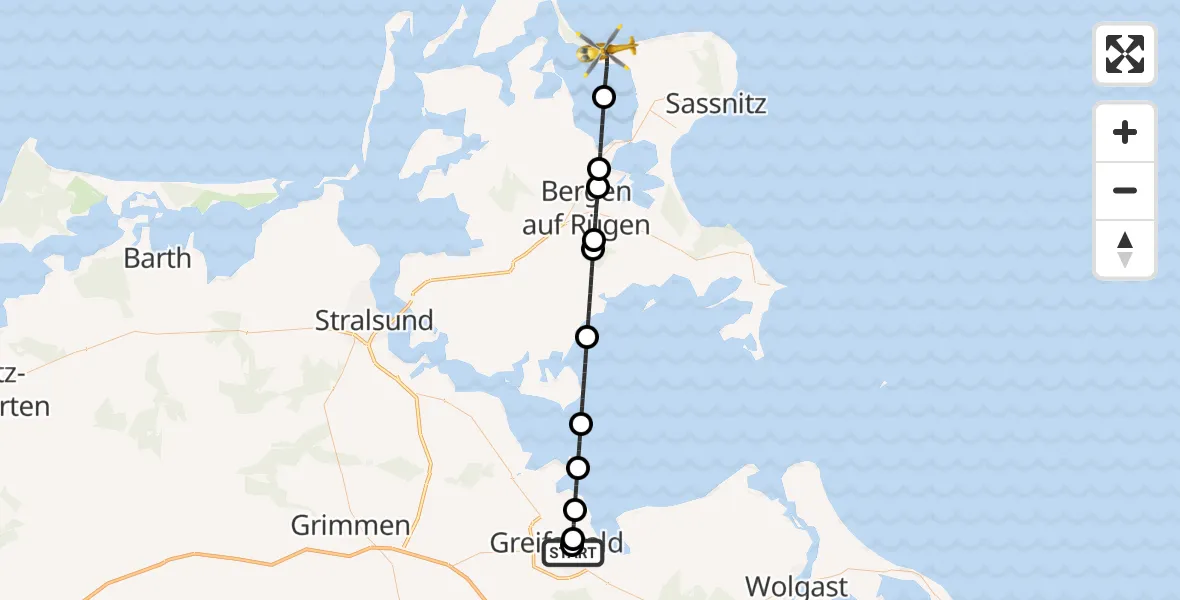 Flugroute Rettungshubschrauber Greifswald Hospital - Glowe, 22 Mai 2026, 10:26