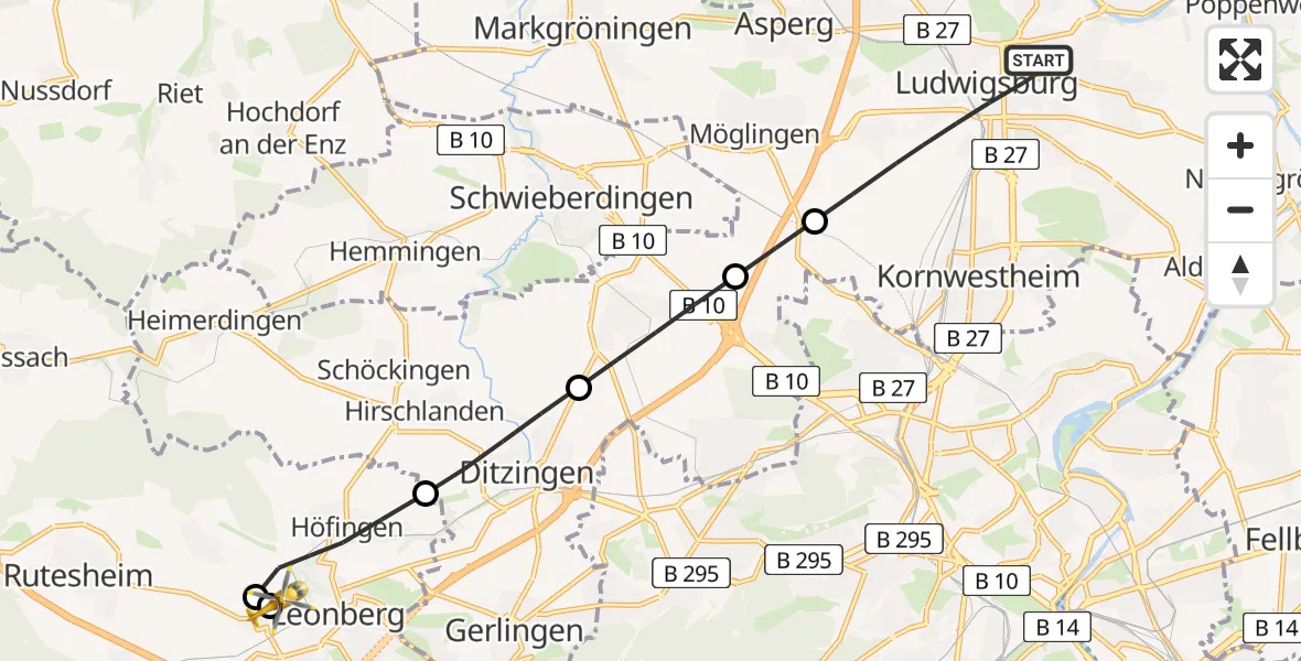 Flugroute Rettungshubschrauber Ludwigsburg - Leonberg Hospital, 22 Mai 2026, 10:29