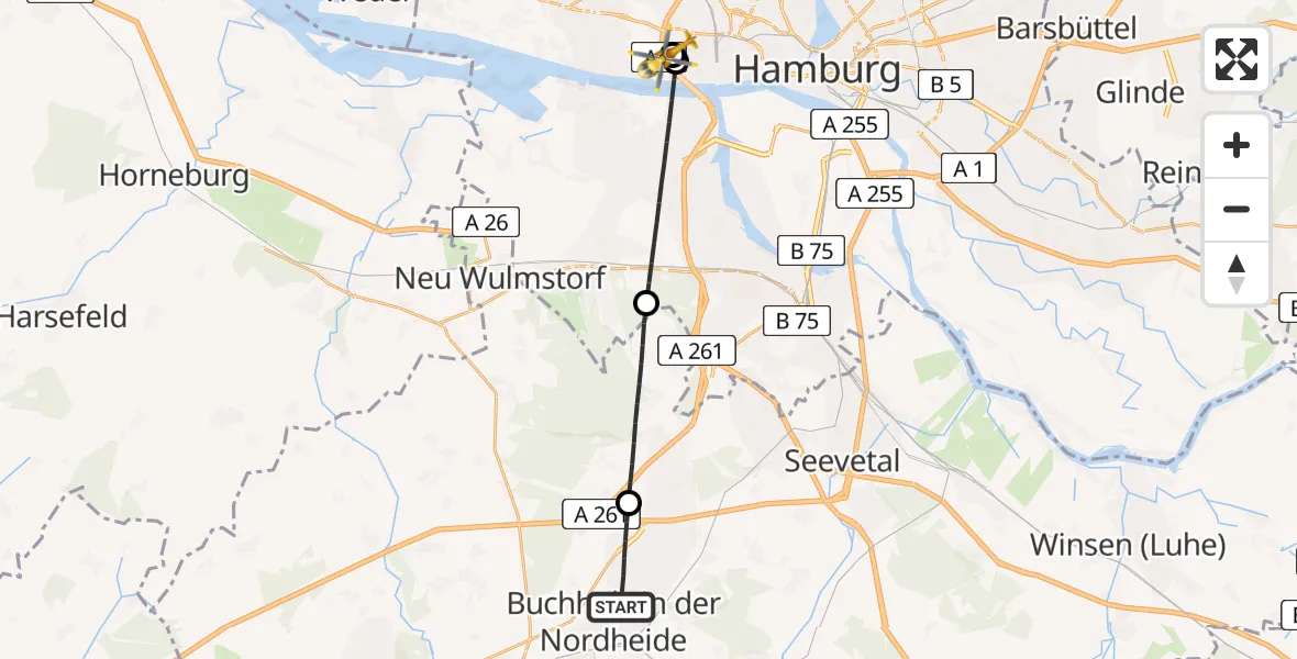 Flugroute Ambulanzhubschrauber Buchholz in der Nordheide - Asklepios Hospital Altona, 22 Mai 2026, 10:33