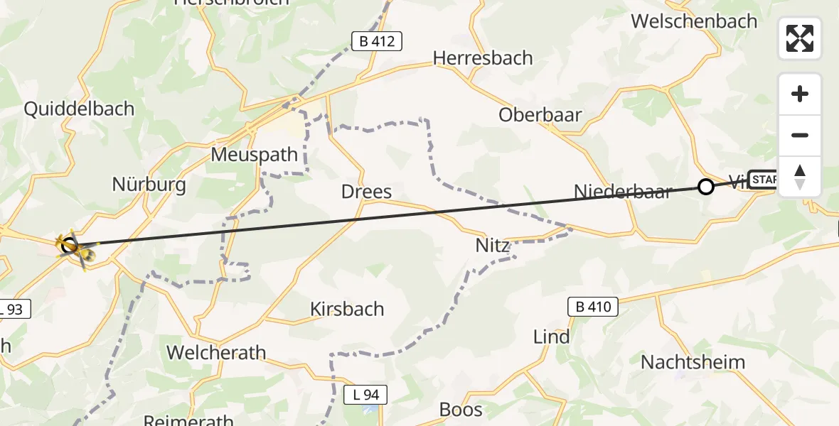 Flugroute Ambulanzhubschrauber Virneburg - Nürburgring Hubschrauberlandeplatz, 22 Mai 2026, 10:34