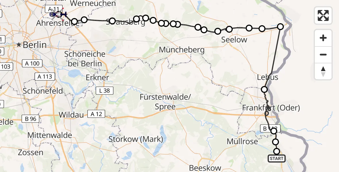 Flugroute Polizeihubschrauber Siehdichum - Ahrensfelde Hubschrauberlandeplatz, 22 Mai 2026, 10:34