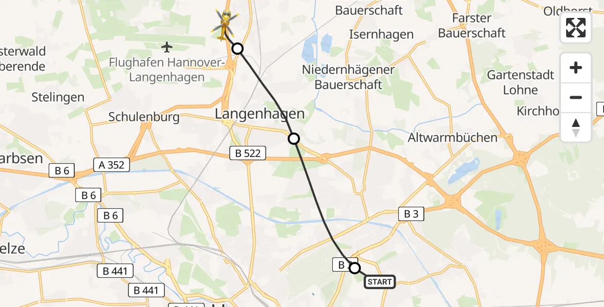 Flugroute Rettungshubschrauber Hannover Luftrettung Hubschrauberlandeplatz (Christoph 4) - Flughafen Hannover, 22 Mai 2026, 10:40