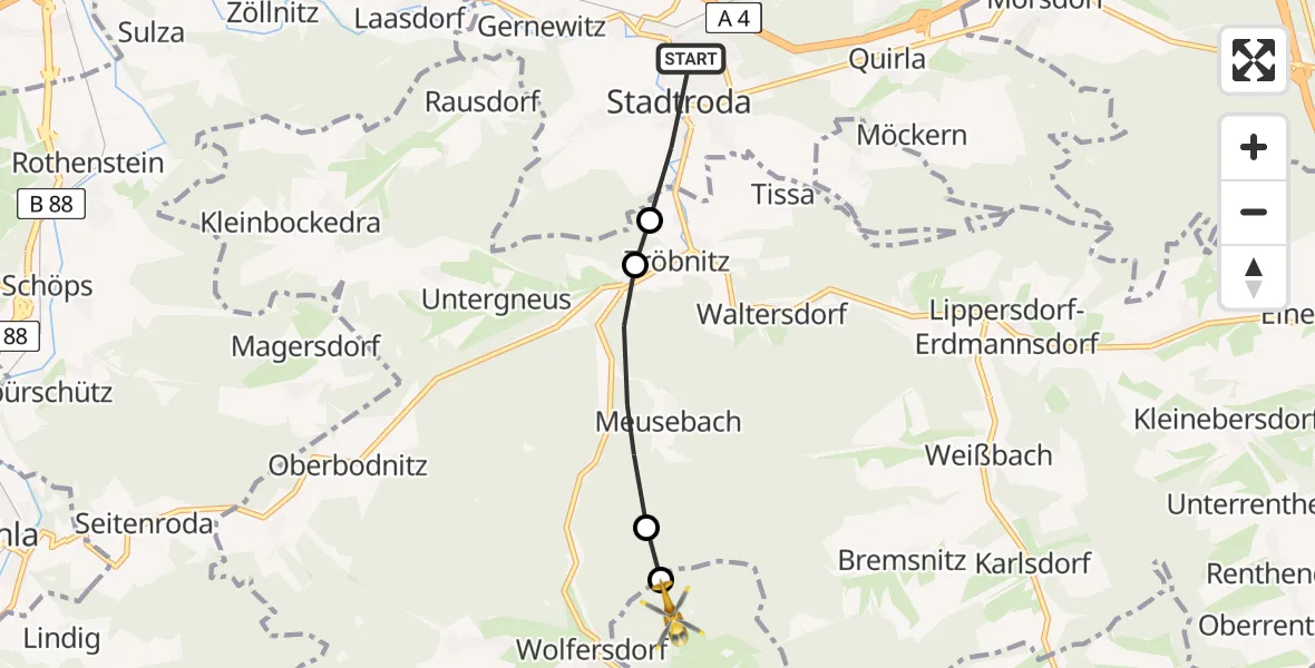Flugroute Rettungshubschrauber Stadtroda - Neustadt an der Orla, 22 Mai 2026, 10:43