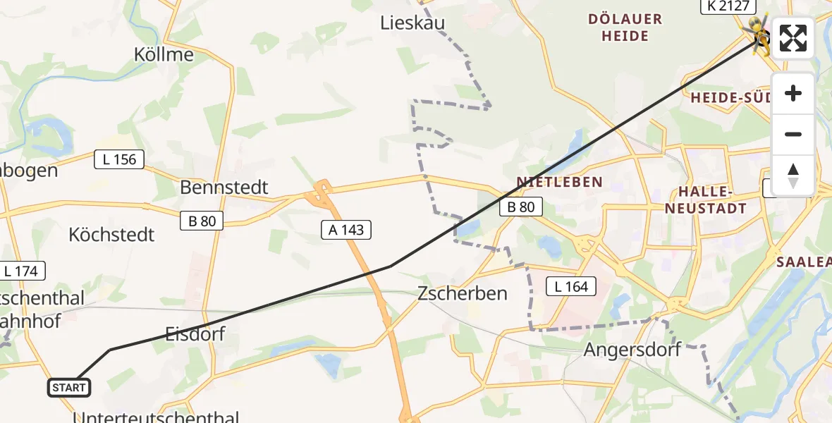 Flugroute Rettungshubschrauber Teutschenthal - Halle (Saale) University Hospital, 22 Mai 2026, 10:44