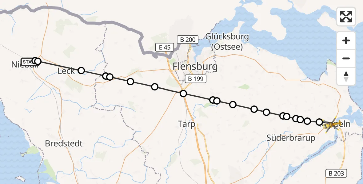 Flugroute Rettungshubschrauber Niebüll - Kappeln, 22 Mai 2026, 10:44
