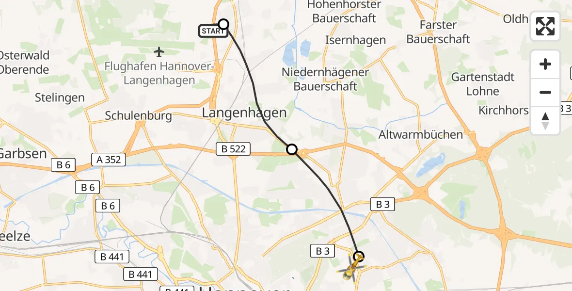 Flugroute Rettungshubschrauber Flughafen Hannover - Hannover Luftrettung Hubschrauberlandeplatz (Christoph 4), 22 Mai 2026, 10:52