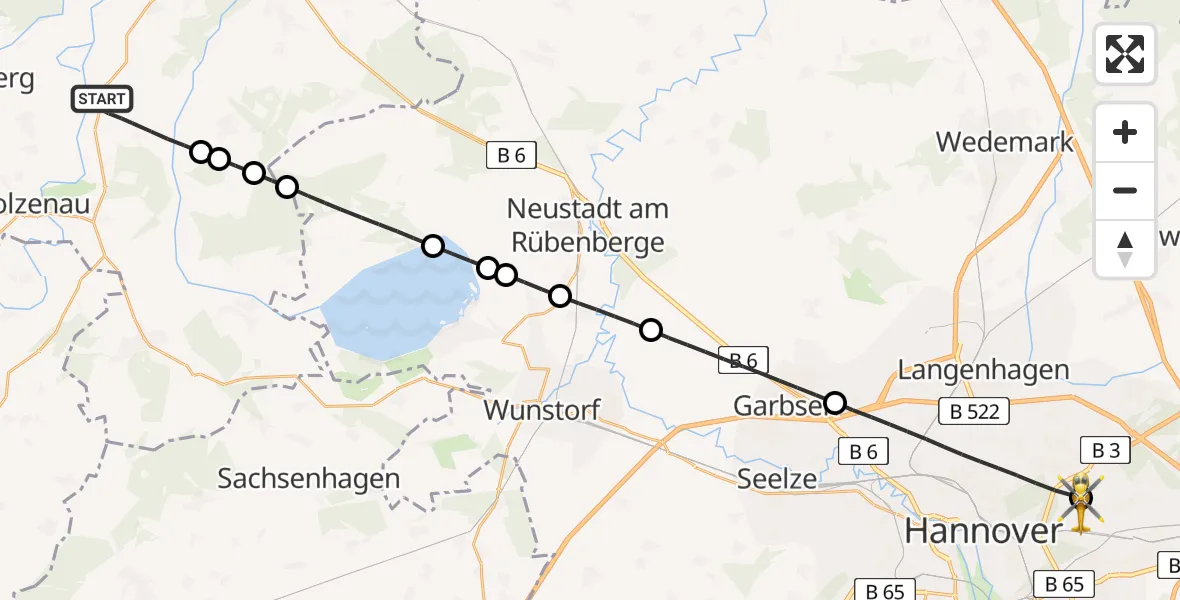 Flugroute Rettungshubschrauber Landesbergen - Hannover Luftrettung Hubschrauberlandeplatz (Christoph 4), 22 Mai 2026, 10:54