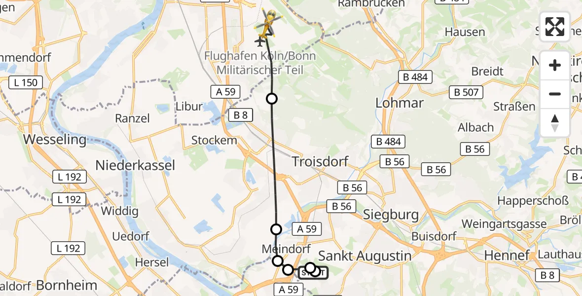 Flugroute Rettungshubschrauber Sankt Augustin - Köln Bonn Flughafen, 22 Mai 2026, 10:56