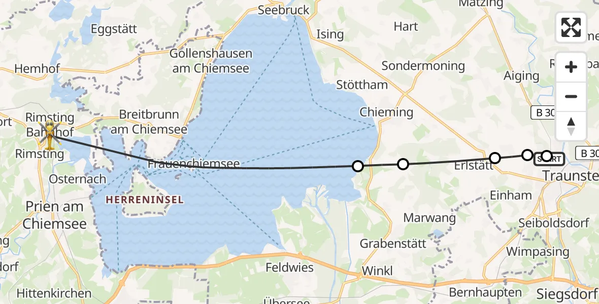 Flugroute Rettungshubschrauber Traunstein Hospital - Rimsting, 22 Mai 2026, 11:01