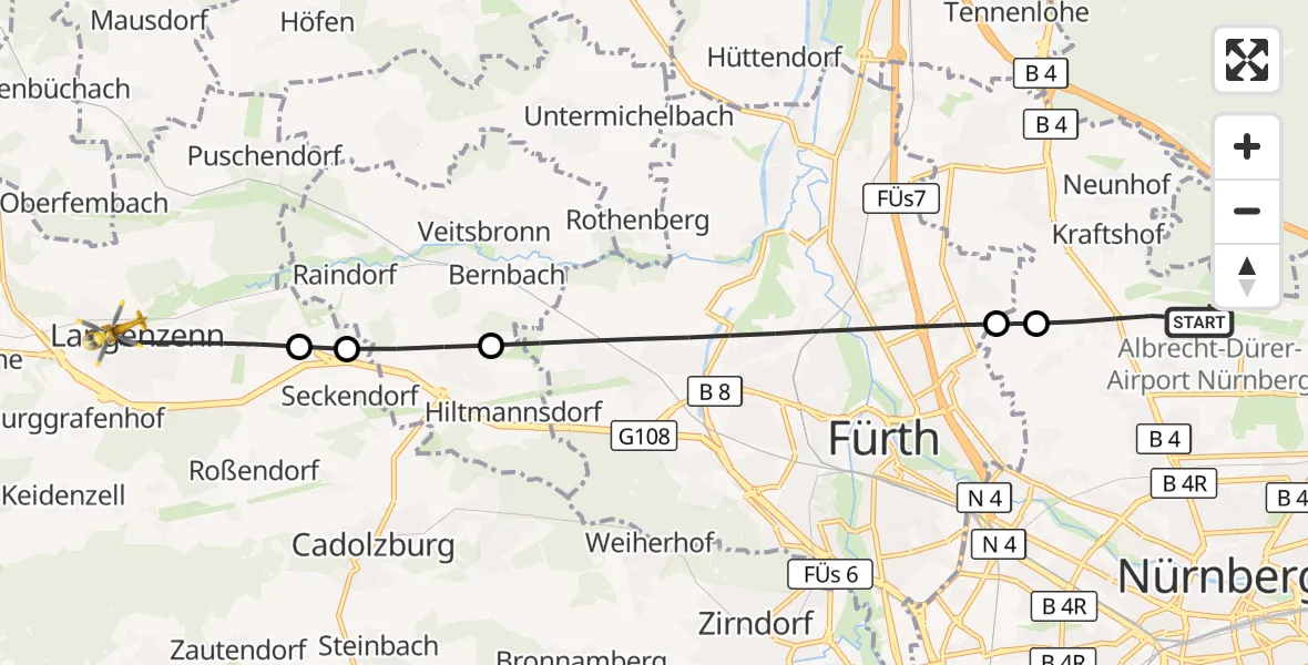 Flugroute Ambulanzhubschrauber Flughafen Nuremberg - Langenzenn, 22 Mai 2026, 11:08