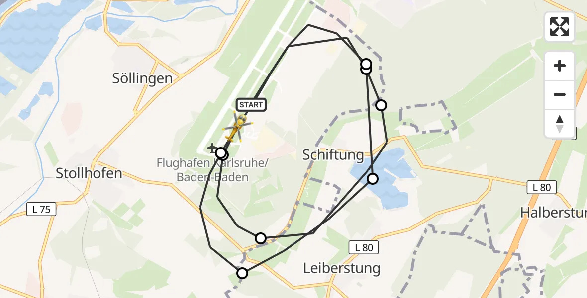 Flugroute Rettungshubschrauber Karlsruhe Baden-Baden Flughafen - Karlsruhe Baden-Baden Flughafen, 22 Mai 2026, 11:08