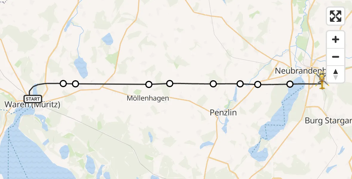 Flugroute Rettungshubschrauber Waren (Müritz) - Neubrandenburg, 22 Mai 2026, 11:15