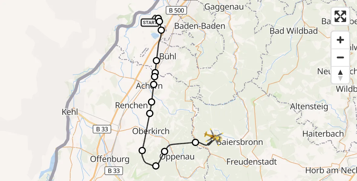 Flugroute Rettungshubschrauber Karlsruhe Baden-Baden Flughafen - Baiersbronn, 22 Mai 2026, 11:18