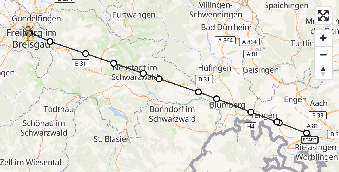 Flugroute Rettungshubschrauber Singen (Hohentwiel) - Freiburg University Hospital Heliport 1, 22 Mai 2026, 11:20