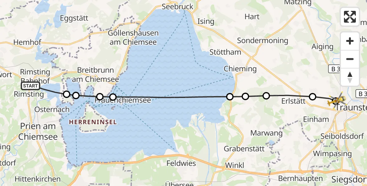 Flugroute Rettungshubschrauber Rimsting - Traunstein Hospital, 22 Mai 2026, 11:23