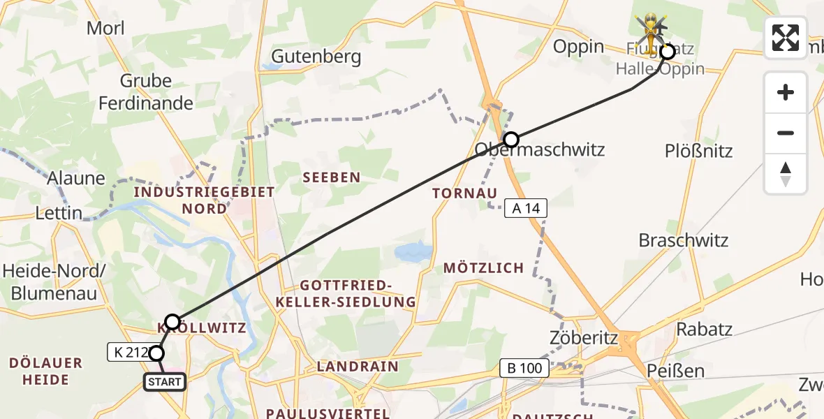 Flugroute Rettungshubschrauber Halle (Saale) University Hospital - Halle-Oppin Flugplatz, 22 Mai 2026, 11:25
