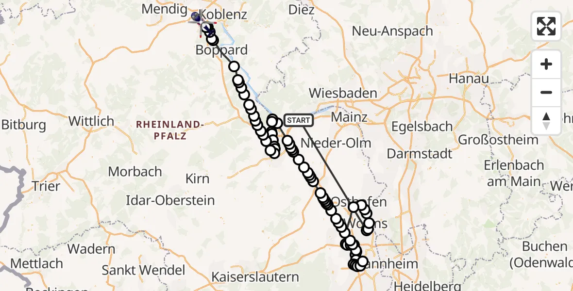 Flugroute Polizeihubschrauber Oestrich-Winkel - Dieblich, 22 Mai 2026, 11:25