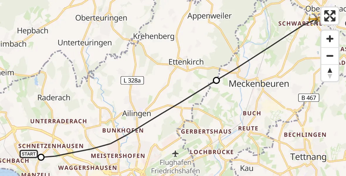 Flugroute Rettungshubschrauber Friedrichshafen Hospital - Meckenbeuren, 22 Mai 2026, 11:26