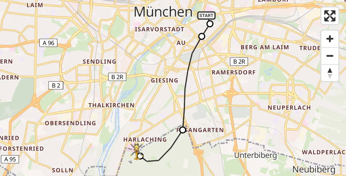 Flugroute Rettungshubschrauber Rechts der Isar University Hospital - ADAC Air Rescue Center Hubschrauberlandeplatz (Christoph 1), 22 Mai 2026, 11:28
