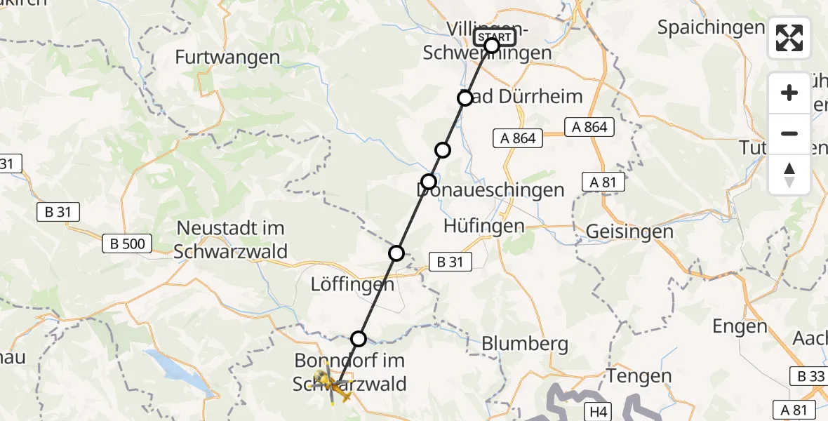 Flugroute Ambulanzhubschrauber DRF Air Rescue Station Villingen-Schwenningen Hubschrauberlandeplatz (Christoph 11) - Bonndorf im Schwarzwald, 22 Mai 2026, 11:33