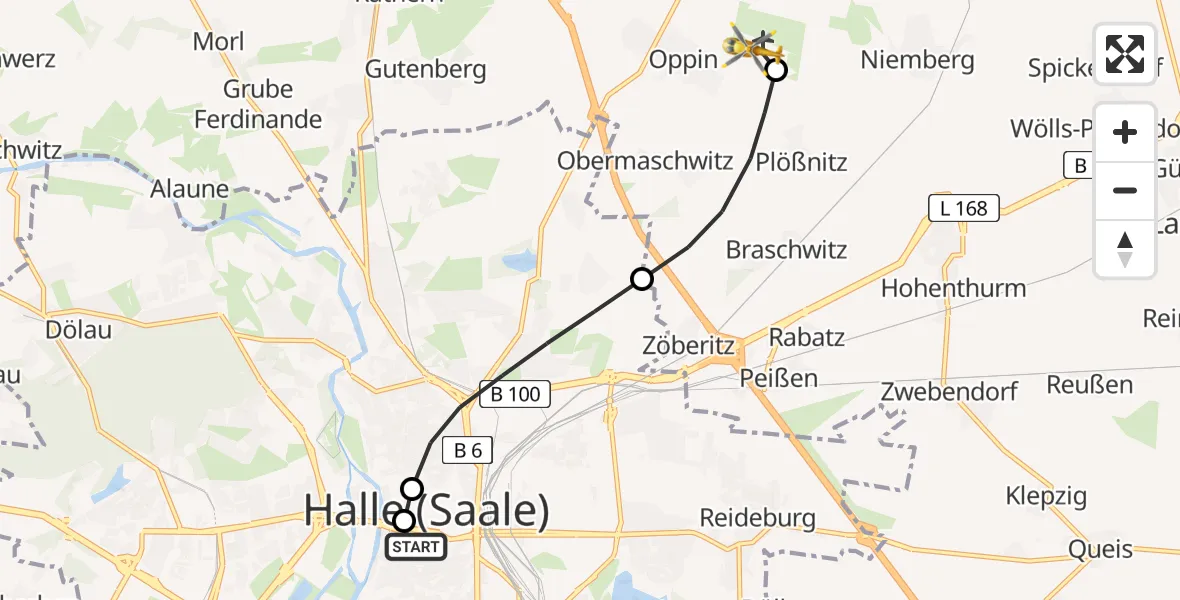 Flugroute Ambulanzhubschrauber Sankt Elisabeth and Sankt Barbara Hospital Halle (Saale) - Halle-Oppin Flugplatz, 22 Mai 2026, 11:33