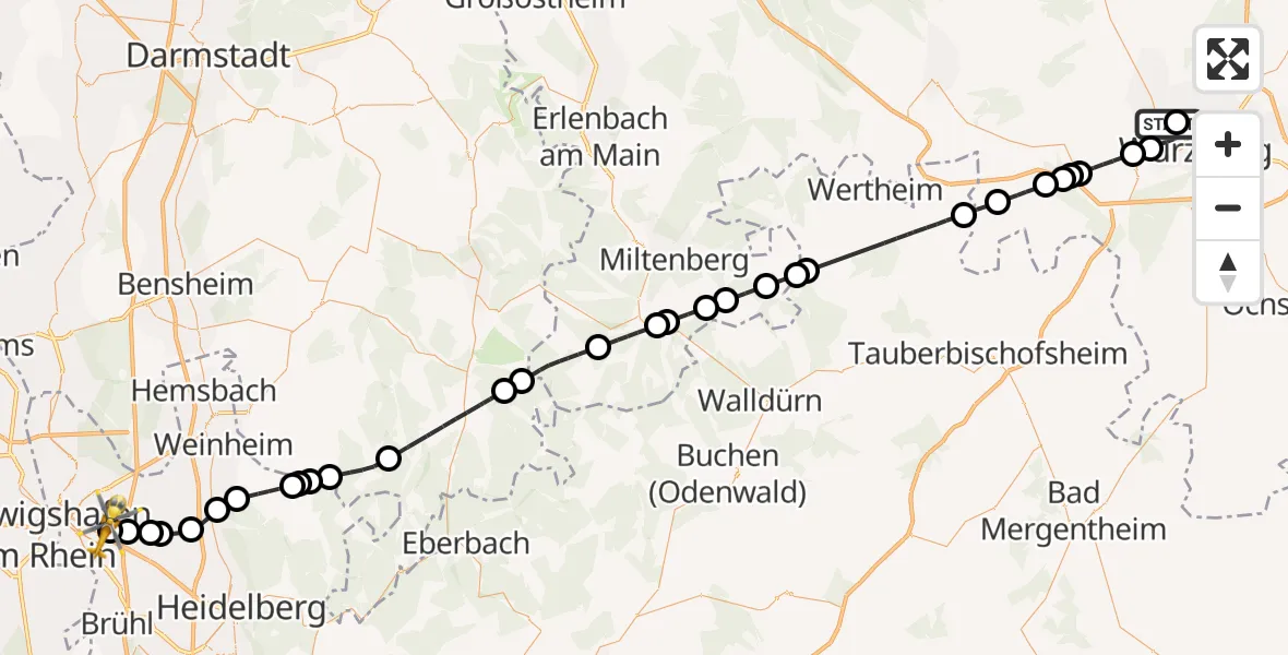 Flugroute Rettungshubschrauber Würzburg-Schenkenturm Flugplatz - Mannheim-City Flughafen, 22 Mai 2026, 11:33