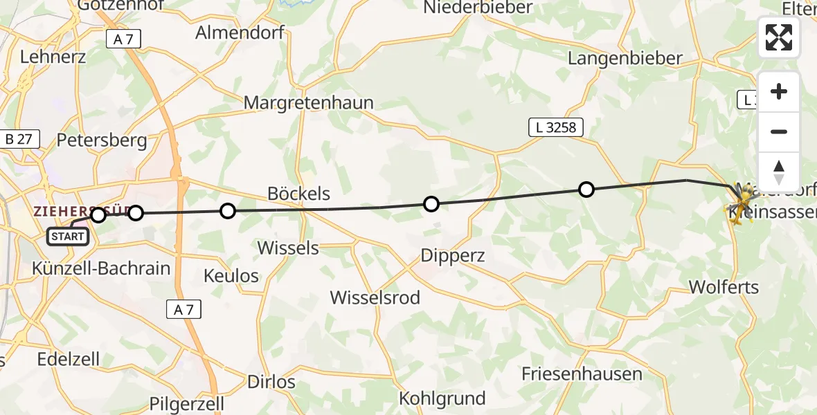 Flugroute Rettungshubschrauber Fulda Hospital - Hofbieber, 22 Mai 2026, 11:35
