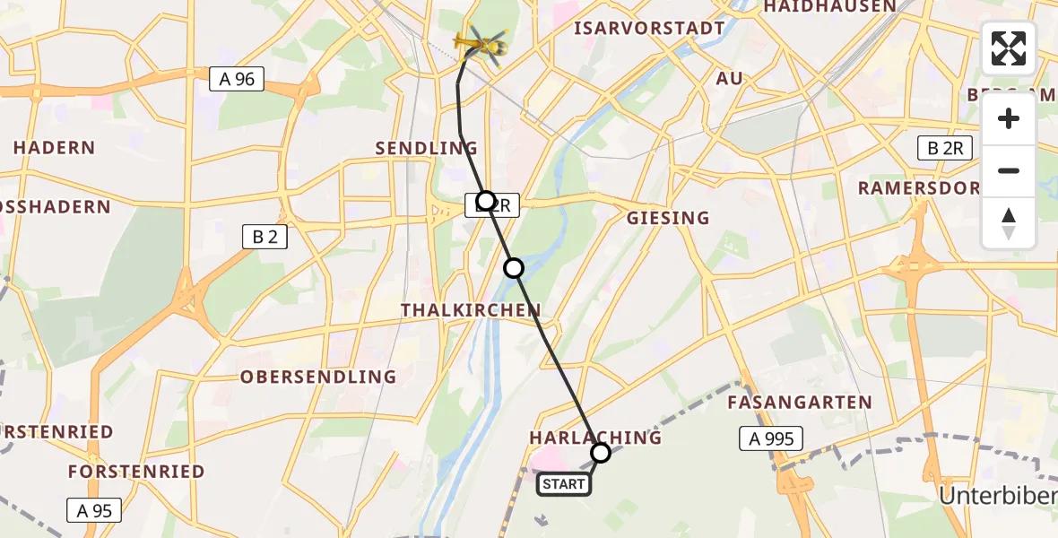 Flugroute Rettungshubschrauber ADAC Air Rescue Center Hubschrauberlandeplatz (Christoph 1) - München, 22 Mai 2026, 11:35