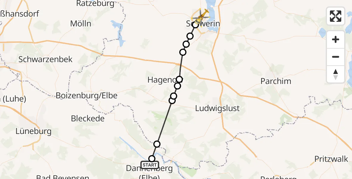 Flugroute Rettungshubschrauber Dannenberg (Elbe) - Schwerin, 22 Mai 2026, 11:37