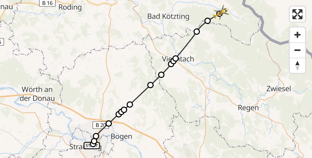 Flugroute Rettungshubschrauber Sankt Elisabeth Hospital Straubing - Lam, 22 Mai 2026, 11:37
