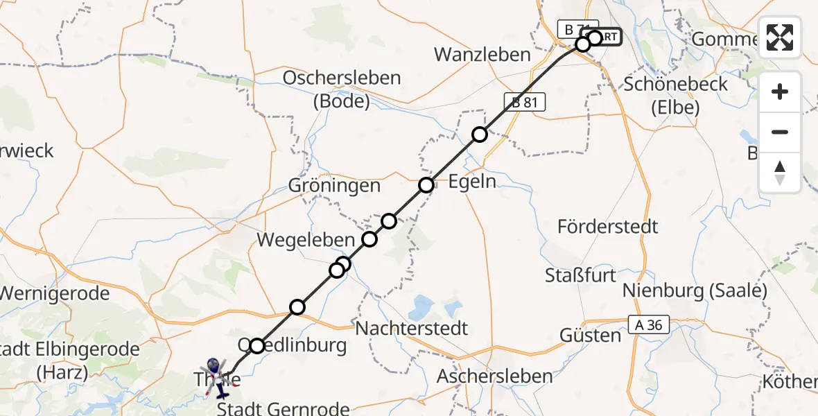 Flugroute Polizeihubschrauber Magdeburg City Flugplatz - Thale, 22 Mai 2026, 11:38