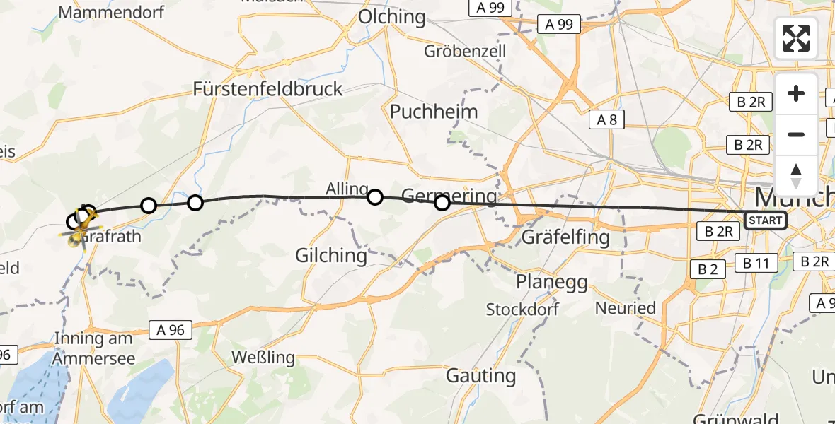Flugroute Rettungshubschrauber München - Kottgeisering, 22 Mai 2026, 11:40