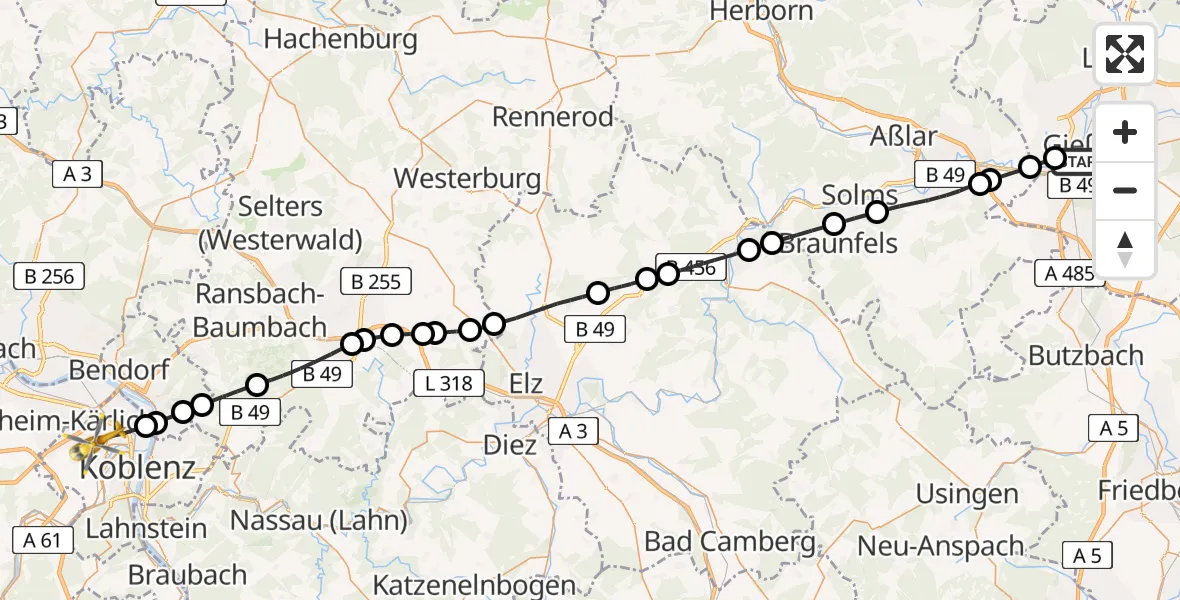 Flugroute Rettungshubschrauber Gießen University Hospital - Koblenz, 22 Mai 2026, 11:41