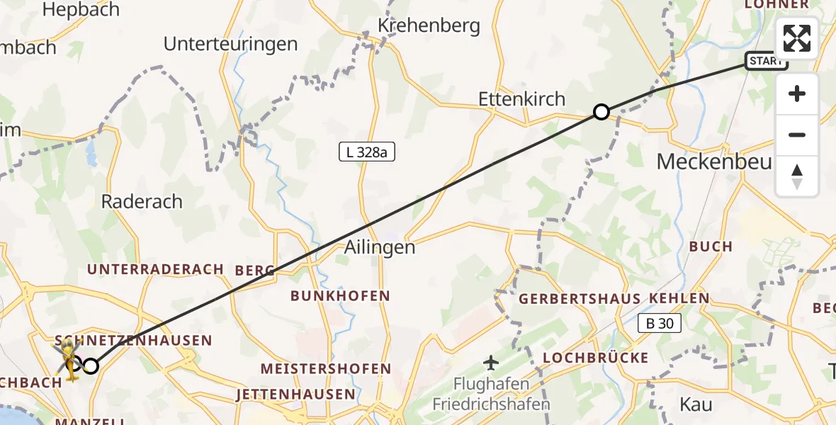 Flugroute Rettungshubschrauber Meckenbeuren - Friedrichshafen Hospital, 22 Mai 2026, 11:44