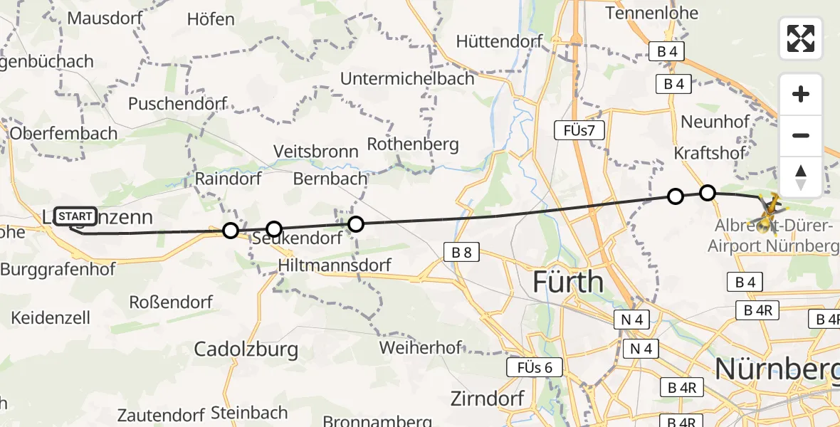 Flugroute Ambulanzhubschrauber Langenzenn - Flughafen Nuremberg, 22 Mai 2026, 11:44