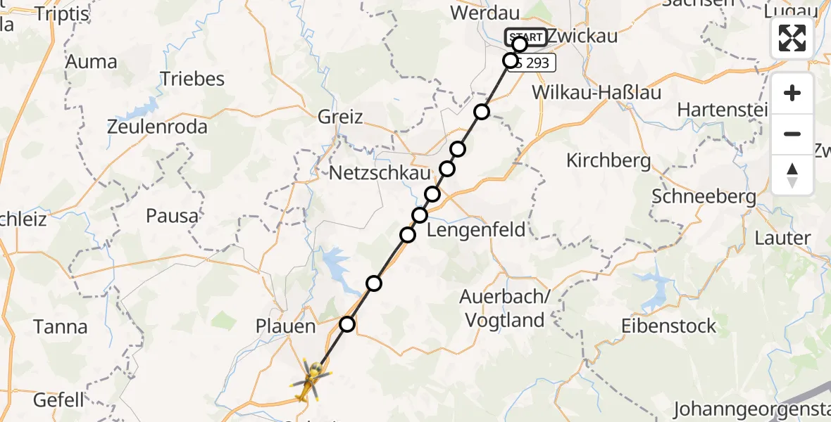 Flugroute Rettungshubschrauber ADAC Air Rescue Station Zwickau Hubschrauberlandeplatz - Plauen, 22 Mai 2026, 11:45