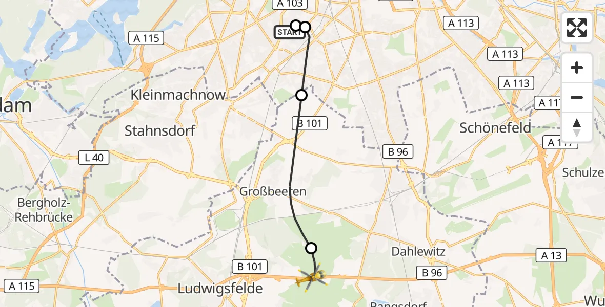 Flugroute Rettungshubschrauber Charité Clinic Benjamin Franklin Campus - Ludwigsfelde, 22 Mai 2026, 11:46