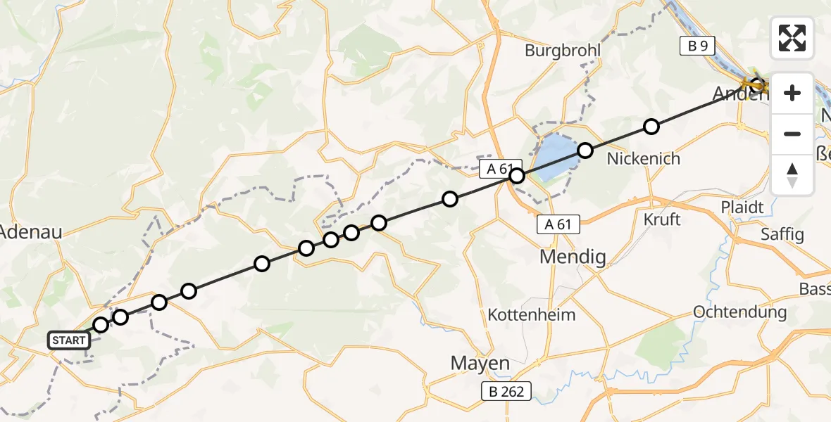 Flugroute Ambulanzhubschrauber Nürburg - Sankt-Nikolaus Diocesan Hospital, 22 Mai 2026, 11:53