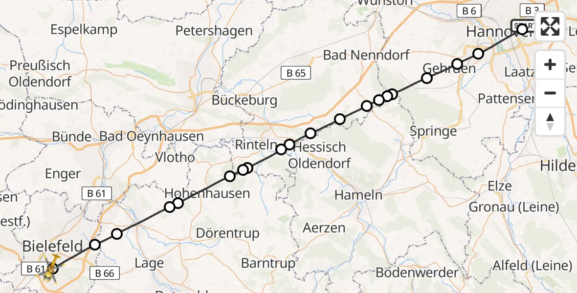 Flugroute Rettungshubschrauber Hannover Luftrettung Hubschrauberlandeplatz (Christoph 4) - Luftrettungszentrum Bielefeld, 22 Mai 2026, 11:54