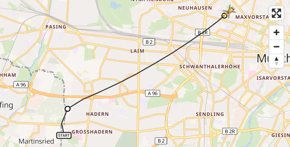 Flugroute Rettungshubschrauber DRF Air Rescue München Hubschrauberlandeplatz - Deutsches Herzzentrum München, 22 Mai 2026, 12:00
