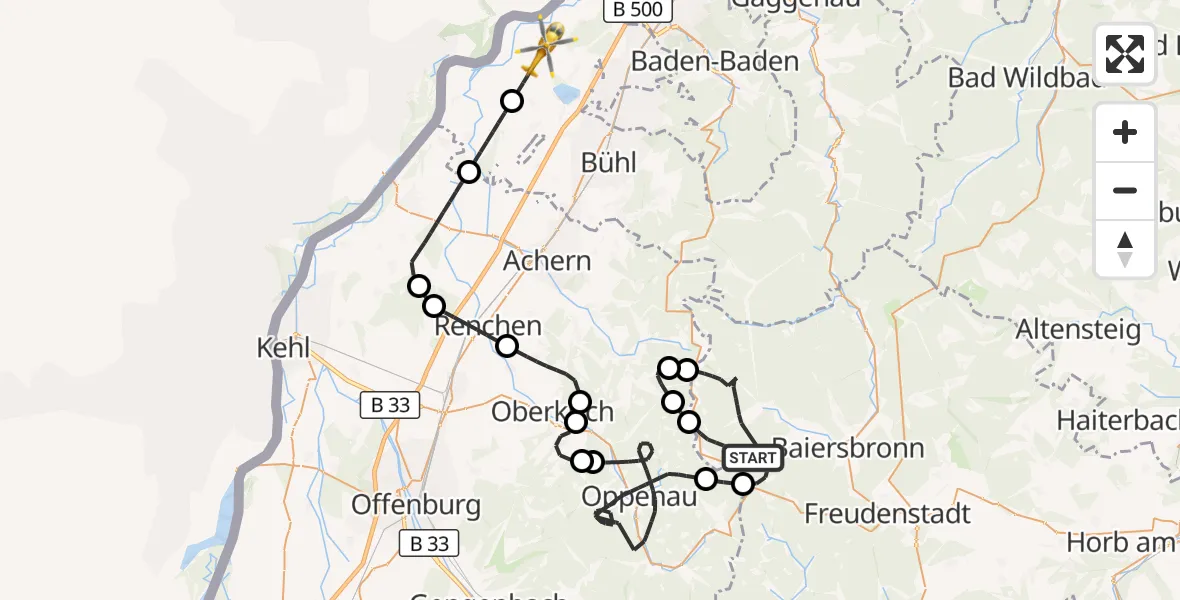 Flugroute Rettungshubschrauber Baiersbronn - Rheinmünster, 22 Mai 2026, 12:03