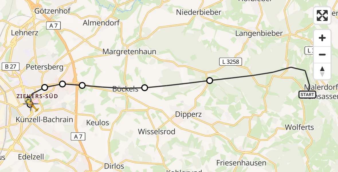 Flugroute Rettungshubschrauber Hofbieber - Fulda Hospital, 22 Mai 2026, 12:05