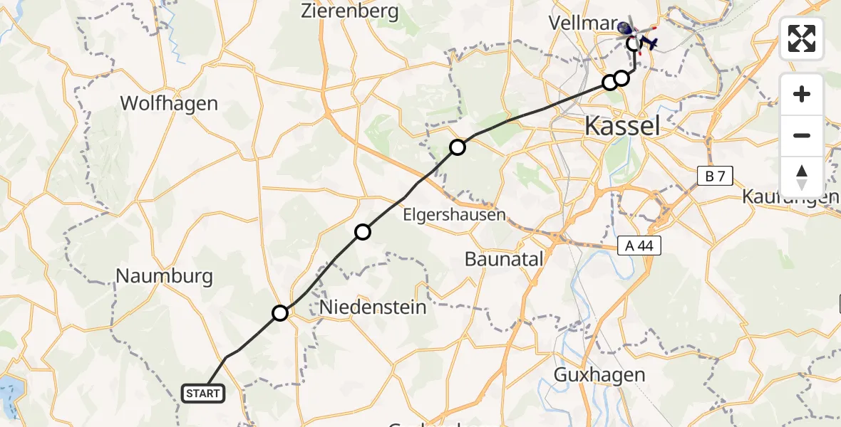Flugroute Polizeihubschrauber Naumburg - Fuldatal, 22 Mai 2026, 12:12