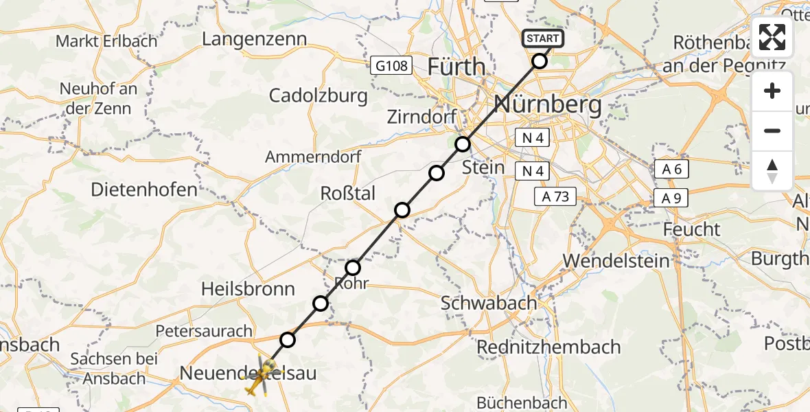 Flugroute Ambulanzhubschrauber Flughafen Nuremberg - Neuendettelsau, 22 Mai 2026, 12:14
