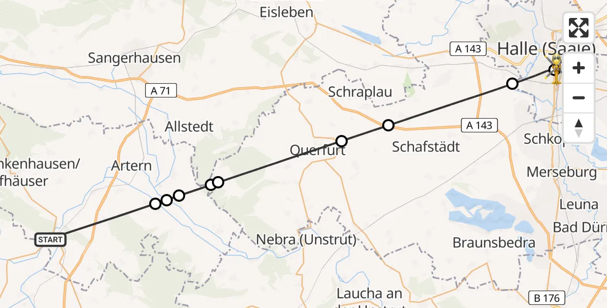 Flugroute Rettungshubschrauber An der Schmücke - BG Hospital Bergmannstrost Halle, 22 Mai 2026, 12:14